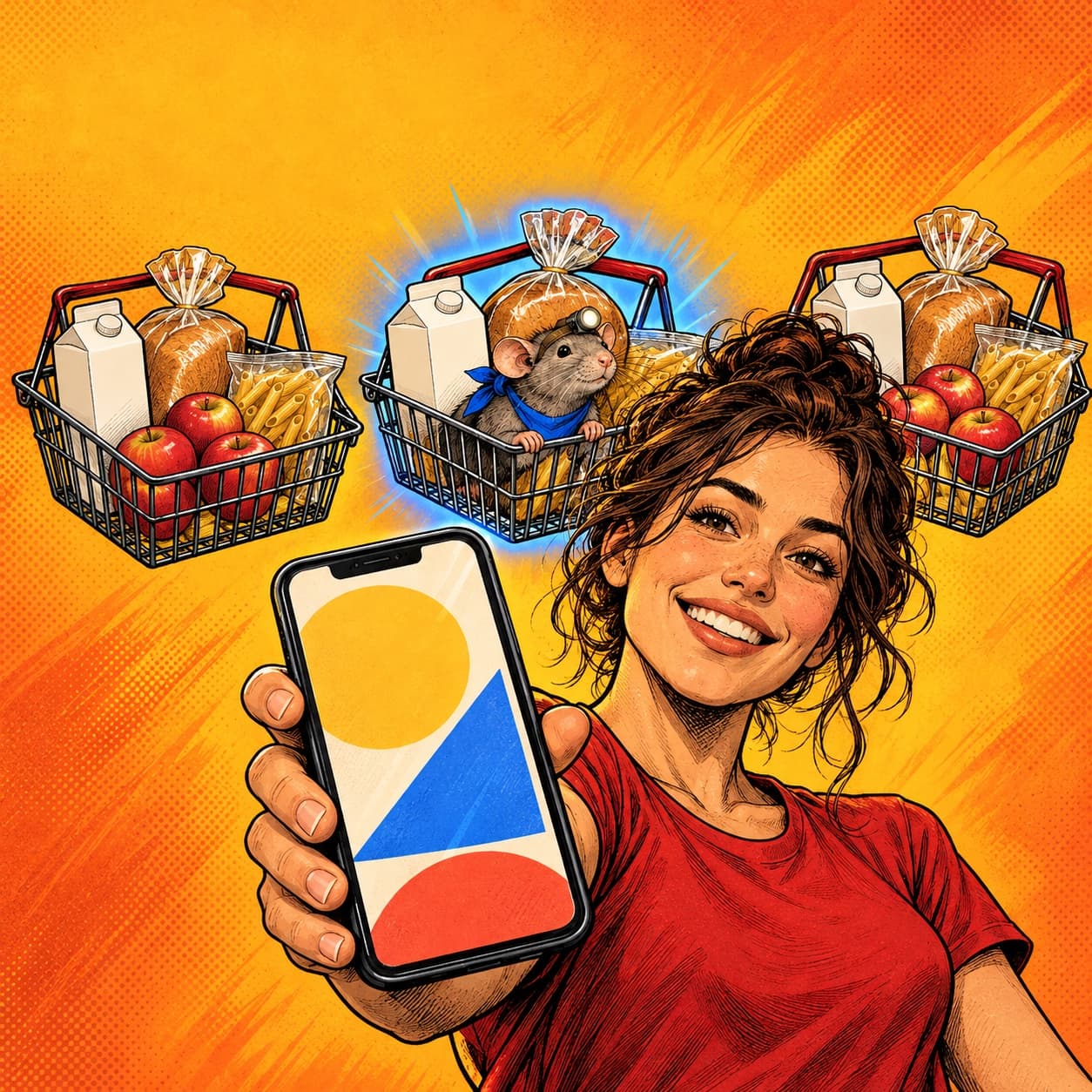 Аня показывает смартфон, за ней три корзины с одинаковыми продуктами. Из средней выглядывает крыс.